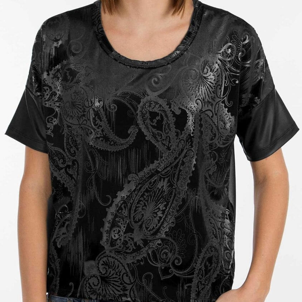 Bke black paisley velvet faux leather chiffon combo blouse size large